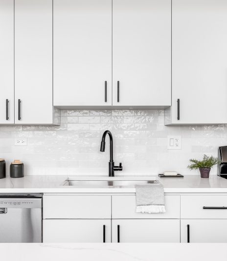 A beautiful white kitchen detail shot with a tiled backsplash, white cabinets, stainless steel appliances, and black hardware and faucet.